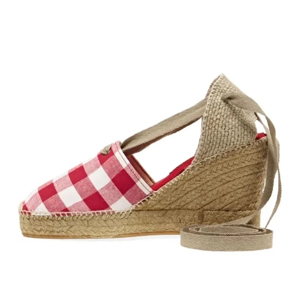 New Penelope Chilvers Valenciana Wedge Gingham Plaid Espadrille Sandals Shoes